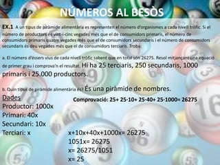 NÚMEROS AL BESÒS
EX.1  A un tipus de piràmide alimentària es representen el número d’organismes a cada nivell tròfic. Si el
número de productors és vint-i-cinc vegades més que el de consumidors primaris, el número de
consumidors primaris quatre vegades més que el de consumidors secundaris i el número de consumidors
secundaris és deu vegades més que el de consumidors terciaris. Troba:

a. El número d’éssers vius de cada nivell tròfic sabent que en total són 26275. Resol mitjançant una equació
de primer grau i comprova’n el resultat. Hi   ha 25 terciaris, 250 secundaris, 1000
primaris i 25.000 productors.

b. Quin tipus de piràmide alimentària és? És   una piràmide de nombres.
Dades                               Comprovació: 25+ 25·10+ 25·40+ 25·1000= 26275
Productor: 1000x
Primari: 40x
Secundari: 10x
Terciari: x                      x+10x+40x+1000x= 26275
                                 1051x= 26275
                                 x= 26275/1051
                                 x= 25
 