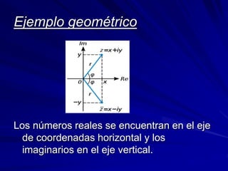 Ejemplo geométrico 
Los números reales se encuentran en el eje 
de coordenadas horizontal y los 
imaginarios en el eje vertical. 
 