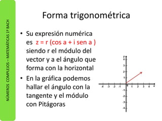Forma trigonométrica 
• Su expresión numérica 
es z = r (cos a + i sen a ) 
siendo r el módulo del 
vector y a el ángulo que 
forma con la horizontal 
• En la gráfica podemos 
hallar el ángulo con la 
tangente y el módulo 
con Pitágoras 
NÚMEROS COMPLEJOS – MATEMÁTICAS 1º BACH 
 
