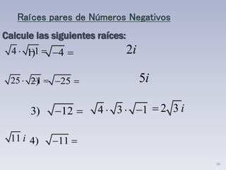 10
Calcule las siguientes raíces:
4 1  
11 i
25 1  
1) 4 
2) 25 
3) 12 
4) 11 
i2
i5
2 3 i4 3 1  
Raíces pares de Números Negativos
 