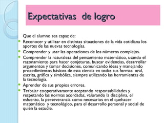 Expectativas de logro
    Que el alumno sea capaz de: 
   Reconocer y utilizar en distintas situaciones de la vida cotidiana los
    aportes de las nuevas tecnologías.
   Comprender y usar las operaciones de los números complejos. 
   Comprender la naturaleza del pensamiento matemático, usando el
    razonamiento para hacer conjeturas, buscar evidencias, desarrollar
    argumentos y tomar decisiones, comunicando ideas y manejando
    procedimientos básicos de esta ciencia en todas sus formas: oral,
    escrita, gráfica y simbólica, siempre utilizando las herramientas de
    la tecnología.
   Aprender de sus propios errores.
   Trabajar cooperativamente aceptando responsabilidades y
    respetando las normas acordadas, valorando la disciplina, el
    esfuerzo, la perseverancia como necesarios en el quehacer
    matemático y tecnológico, para el desarrollo personal y social de
    quién la estudie.
 