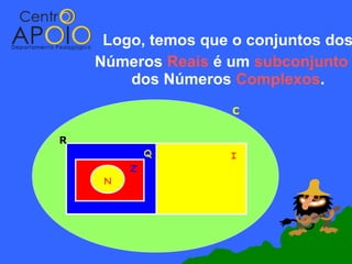 Logo, temos que o conjuntos dos
    Números Reais é um subconjunto
        dos Números Complexos.
                     C


R
             Q      I
         Z
     N
 