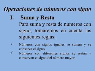 Operaciones de números con signo Suma y Resta Para suma y resta de números con signo, tomaremos en cuenta las siguientes reglas: Números con signos iguales se suman y se conserva el signo. Números con diferentes signos se restan y conservan el signo del número mayor. 