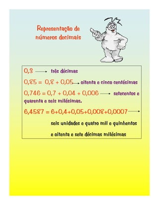 Representação de
números decimais
0,3 três décimas
0,85 = 0,8 + 0,05 oitenta e cinco centésimas
0,746 = 0,7 + 0,04 + 0,006 setecentos e
quarenta e seis milésimas.
6,4587 = 6+0,4+0,05+0,008+0,0007
seis unidades e quatro mil e quinhentos
e oitenta e sete décimas milésimas
 