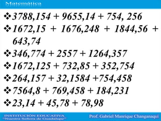 3788,154 + 9655,14 + 754, 256
1672,15 + 1676,248 + 1844,56 +
643,74
346,774 + 2557 + 1264,357
1672,125 + 732,85 + 352,754
264,157 + 32,1584 +754,458
7564,8 + 769,458 + 184,231
23,14 + 45,78 + 78,98
 