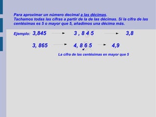 Para aproximar un número decimal a las décimas.
Tachamos todas las cifras a partir de la de las décimas. Si la cifra de las
centésimas es 5 o mayor que 5, añadimos una décima más.
Ejemplo:

3,845

3,845

3, 865

4, 8 6 5

3,8
4,9

La cifra de las centésimas en mayor que 5

 