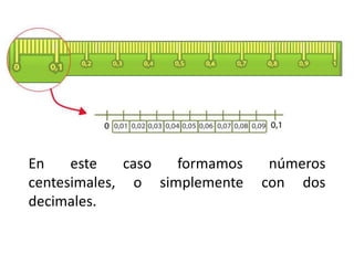 En este caso formamos números
centesimales, o simplemente con dos
decimales.
 