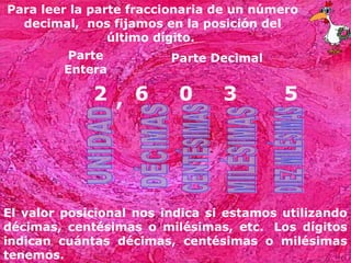 Para leer la parte fraccionaria de un número
  decimal, nos fijamos en la posición del
                último dígito.
         Parte           Parte Decimal
         Entera

             2 , 6        0      3        5




El valor posicional nos indica si estamos utilizando
décimas, centésimas o milésimas, etc. Los dígitos
indican cuántas décimas, centésimas o milésimas
tenemos.
 
