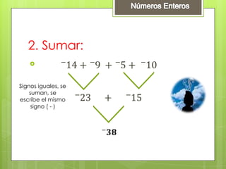3.  Sumar:Números Enteros−10++18 ++15+ −50 Signos diferentes, se restan, se escribe el signo del número de mayor valor absoluto ( - )+8      +     −35 −𝟐𝟕 