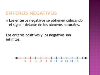  Los enteros negativos se obtienen colocando
 el signo – delante de los números naturales.

Los enteros positivos y los negativos son
infinitos.
 