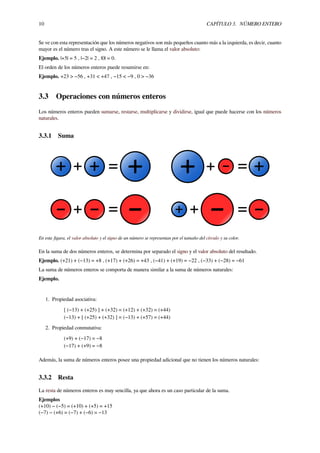 10 CAPÍTULO 3. NÚMERO ENTERO
Se ve con esta representación que los números negativos son más pequeños cuanto más a la izquierda, es decir, cuanto
mayor es el número tras el signo. A este número se le llama el valor absoluto:
Ejemplo. |+5| = 5 , |−2| = 2 , |0| = 0.
El orden de los números enteros puede resumirse en:
Ejemplo. +23 > −56 , +31 < +47 , −15 < −9 , 0 > −36
3.3 Operaciones con números enteros
Los números enteros pueden sumarse, restarse, multiplicarse y dividirse, igual que puede hacerse con los números
naturales.
3.3.1 Suma
En esta ﬁgura, el valor absoluto y el signo de un número se representan por el tamaño del círculo y su color.
En la suma de dos números enteros, se determina por separado el signo y el valor absoluto del resultado.
Ejemplo. (+21) + (−13) = +8 , (+17) + (+26) = +43 , (−41) + (+19) = −22 , (−33) + (−28) = −61
La suma de números enteros se comporta de manera similar a la suma de números naturales:
Ejemplo.
1. Propiedad asociativa:
[ (−13) + (+25) ] + (+32) = (+12) + (+32) = (+44)
(−13) + [ (+25) + (+32) ] = (−13) + (+57) = (+44)
2. Propiedad conmutativa:
(+9) + (−17) = −8
(−17) + (+9) = −8
Además, la suma de números enteros posee una propiedad adicional que no tienen los números naturales:
3.3.2 Resta
La resta de números enteros es muy sencilla, ya que ahora es un caso particular de la suma.
Ejemplos
(+10) − (−5) = (+10) + (+5) = +15
(−7) − (+6) = (−7) + (−6) = −13
 