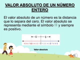 VALOR ABSOLUTO DE UN NÚMERO
ENTERO
El valor absoluto de un número es la distancia
que lo separa del cero. El valor absoluto se
representa mediante el símbolo y siempre
es positivo.

 