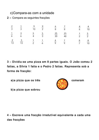 c)Compara-as com a unidade 
2 – Compara as seguintes fracções 
3 – Dividiu-se uma pizza em 8 partes iguais. O João comeu 2 
fatias, a Sílvia 1 fatia e o Pedro 2 fatias. Representa sob a 
forma de fracção: 
a) a pizza que os três comeram 
b) a pizza que sobrou 
4 – Escreve uma fracção irredutível equivalente a cada uma 
das fracções 
 