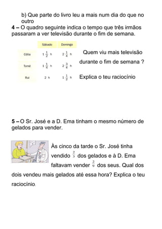 b) Que parte do livro leu a mais num dia do que no 
outro 
4 – O quadro seguinte indica o tempo que três irmãos 
passaram a ver televisão durante o fim de semana. 
Quem viu mais televisão 
durante o fim de semana ? 
Explica o teu raciocínio 
5 – O Sr. José e a D. Ema tinham o mesmo número de 
gelados para vender. 
Às cinco da tarde o Sr. José tinha 
vendido 3 
2 dos gelados e à D. Ema 
2 dos seus. Qual dos 
faltavam vender 9 
dois vendeu mais gelados até essa hora? Explica o teu 
raciocínio. 
 