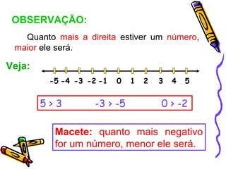 OBSERVAÇÃO:
   Quanto mais a direita estiver um número,
 maior ele será.

Veja:
         -5 -4 -3 -2 -1   0   1   2   3   4   5


        5>3         -3 > -5           0 > -2

          Macete: quanto mais negativo
          for um número, menor ele será.
 