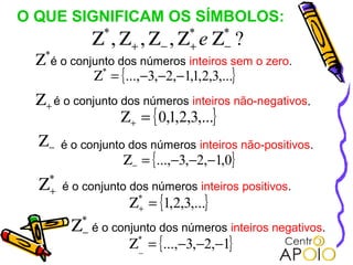 O QUE SIGNIFICAM OS SÍMBOLOS:
               Ζ ,Ζ ,Ζ ,Ζ e Ζ ?
                  *
                  +    −
                            *
                            +
                                   *
                                    −
 Ζ é o conjunto dos números inteiros sem o zero.
  *

                Ζ* = {...,−3,−2,−1,1,2,3,...}
 Ζ + é o conjunto dos números inteiros não-negativos.
                  Ζ + = { 0,1,2,3,...}
 Ζ − é o conjunto dos números inteiros não-positivos.
                      Ζ − = {...,−3,−2,−1,0}
  Ζ   *
      + é o conjunto dos números inteiros positivos.
                       Ζ* = {1,2,3,...}
                        +

          Ζ   *
              − é o conjunto dos números inteiros negativos.
                       Ζ* = {...,−3,−2,−1}
                        _
 