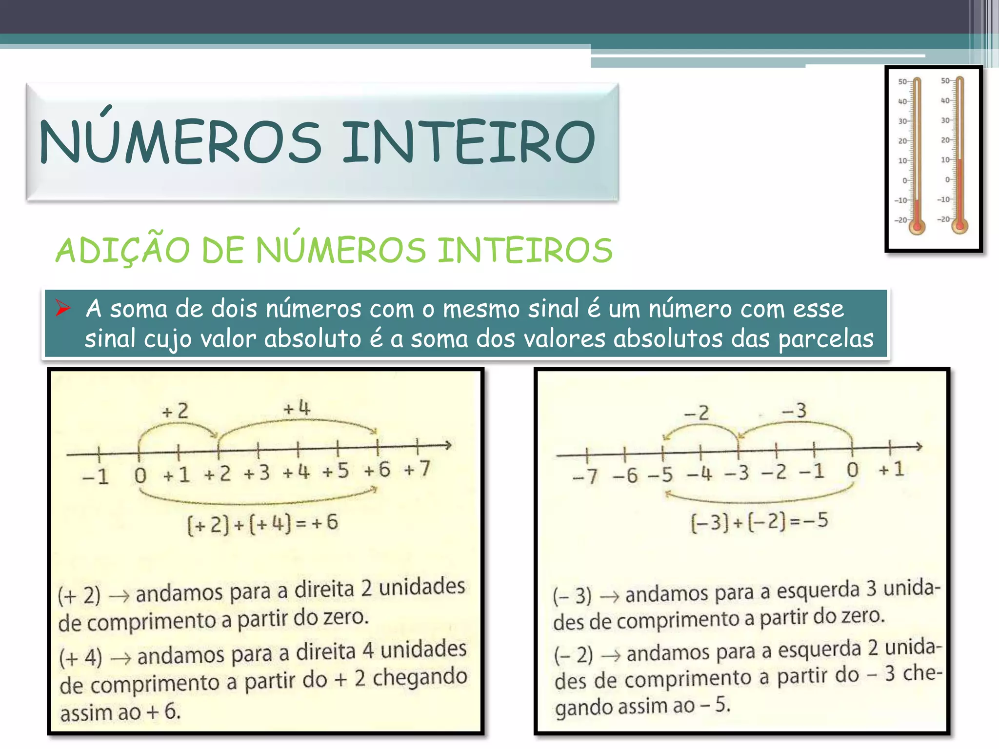 NÚMEROS INTEIRO
ADIÇÃO DE NÚMEROS INTEIROS
 A soma de dois números com o mesmo sinal é um número com esse
sinal cujo valor absoluto é a soma dos valores absolutos das parcelas

 