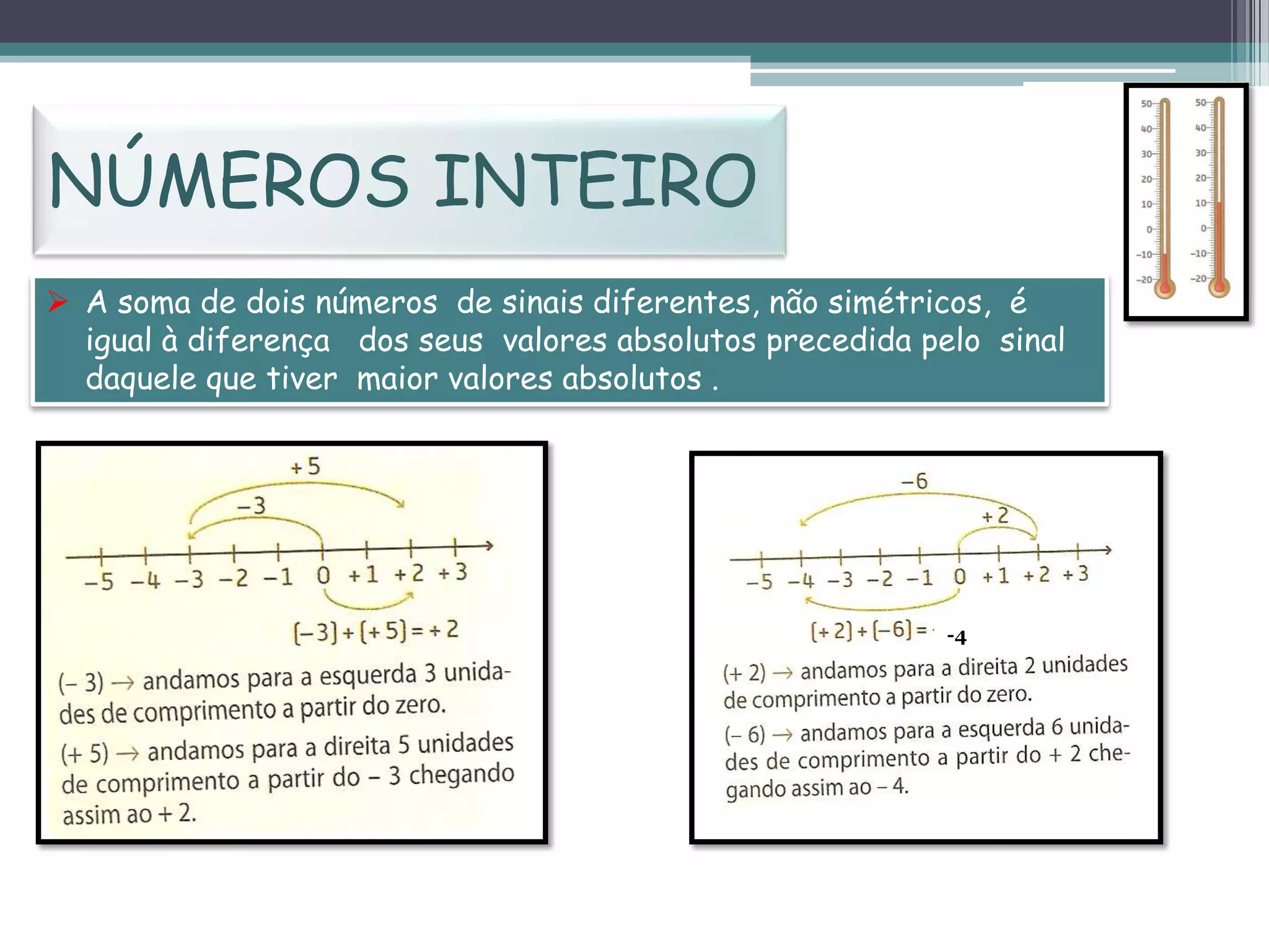 NÚMEROS INTEIRO
 A soma de dois números de sinais diferentes, não simétricos, é
igual à diferença dos seus valores absolutos precedida pelo sinal
daquele que tiver maior valores absolutos .

-4

 