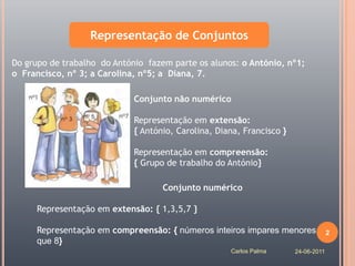 Representação de Conjuntos

Do grupo de trabalho do António fazem parte os alunos: o António, nº1;
o Francisco, nº 3; a Carolina, nº5; a Diana, 7.

                             Conjunto não numérico

                             Representação em extensão:
                             { António, Carolina, Diana, Francisco }

                             Representação em compreensão:
                             { Grupo de trabalho do António}

                                    Conjunto numérico

     Representação em extensão: { 1,3,5,7 }

     Representação em compreensão: { números inteiros impares menores               2
     que 8}
                                                     Carlos Palma      24-06-2011
 