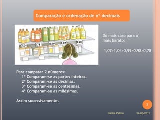 Comparação e ordenação de nº decimais



                                        Do mais caro para o
                                        mais barato:

                                        1,07>1,04>0,99>0.98>0,78




Para comparar 2 números:
   1º Comparam-se as partes inteiras.
   2º Comparam-se as décimas.
   3º Comparam-se as centésimas.
   4º Comparam-se as milésimas.

Assim sucessivamente.
                                                                 7

                                          Carlos Palma    24-06-2011
 