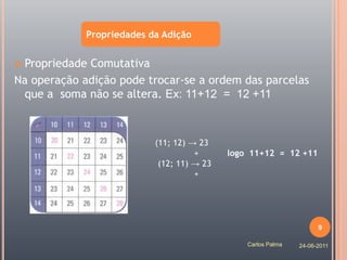 Propriedades da Adição


Propriedade Comutativa
Na operação adição pode trocar-se a ordem das parcelas
 que a soma não se altera. Ex: 11+12 = 12 +11



                           (11; 12) → 23
                                     +      logo 11+12 = 12 +11
                            (12; 11) → 23
                                     +




                                                                     9

                                                Carlos Palma   24-06-2011
 