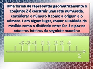 Uma forma de representar geometricamente o conjunto Z é construir uma reta numerada, considerar o número 0 como a origem e o número 1 em algum lugar, tomar a unidade de medida como a distância entre 0 e 1 e por os números inteiros da seguinte maneira: 