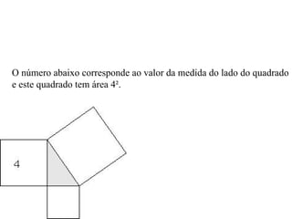 O número abaixo corresponde ao valor da medida do lado do quadrado e este quadrado tem área 4². 