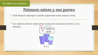 Número mixto y sus partes
• Toda fracción impropia se puede representar como número mixto.
• Los números mixtos representan la suma de un número (entero) y una
fracción.
Escribir en el cuaderno