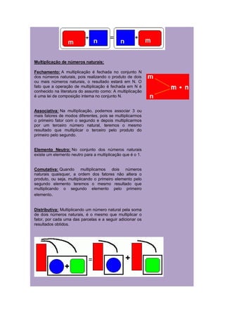 Multiplicação de números naturais:

Fechamento: A multiplicação é fechada no conjunto N
dos números naturais, pois realizando o produto de dois
ou mais números naturais, o resultado estará em N. O
fato que a operação de multiplicação é fechada em N é
conhecido na literatura do assunto como: A multiplicação
é uma lei de composição interna no conjunto N.


Associativa: Na multiplicação, podemos associar 3 ou
mais fatores de modos diferentes, pois se multiplicarmos
o primeiro fator com o segundo e depois multiplicarmos
por um terceiro número natural, teremos o mesmo
resultado que multiplicar o terceiro pelo produto do
primeiro pelo segundo.


Elemento Neutro: No conjunto dos números naturais
existe um elemento neutro para a multiplicação que é o 1.


Comutativa: Quando multiplicamos dois números
naturais quaisquer, a ordem dos fatores não altera o
produto, ou seja, multiplicando o primeiro elemento pelo
segundo elemento teremos o mesmo resultado que
multiplicando o segundo elemento pelo primeiro
elemento.


Distributiva: Multiplicando um número natural pela soma
de dois números naturais, é o mesmo que multiplicar o
fator, por cada uma das parcelas e a seguir adicionar os
resultados obtidos.
 