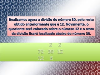 Realizamos agora a divisão do número 30, pelo resto obtido anteriormente que é 12. Novamente, o quociente será colocado sobre o número 12 e o resto da divisão ficará localizado abaixo do número 30. 