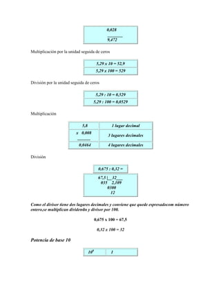0,028
                                                _______
                                               9,472

Multiplicación por la unidad seguida de ceros

                                          5,29 x 10 = 52,9
                                         5,29 x 100 = 529

División por la unidad seguida de ceros

                                         5,29 : 10 = 0,529
                                     5,29 : 100 = 0,0529

Multiplicación

                             5,8                  1 lugar decimal
                         x 0,008
                                                3 lugares decimales
                          ______
                           0,0464               4 lugares decimales

División

                                           0,675 : 0,32 =

                                           67,5 |__32___
                                            035 2,109
                                                 0300
                                                   12

Como el divisor tiene dos lugares decimales y conviene que quede espresadocom número
entero,se multiplican dividendo y divisor por 100.

                                         0,675 x 100 = 67,5

                                          0,32 x 100 = 32

Potencia de base 10

                                   100            1
 