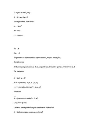 U = {x/x es una flor}

A = {es un clavel}

Los siguientes elementos:

a = clavel

b = rosa

c = gusano




aε A

bε    A

El gusano no tiene sentido representarlo porque no es flor.

Complemento

Se llama complemento de A al conjunto de elementos que no pertenecen a A

En símbolos

---
A = {x/x ε A}

Si P = {vocales} = {a, e, i, o, u}

y A = {vocales abiertas} = {a, e, o}

entonces

---
A = {vocales cerradas} = {i, u}

Conjuntos iguales

Cuando están formados por los mismos elementos.

A = {alumnos que tocan la guitarra}
 