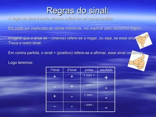 Regras do sinal: A regra do sinal é muito simples e fácil de ser compreendida. Ela pode ser explicada de várias maneiras, irei explicar pelo raciocínio lógico. Imagine que o sinal de – (menos) refere-se a negar, ou seja, se esse sinal Troca o outro sinal. Em contra partida, o sinal + (positivo) refere-se a afirmar, esse sinal confirmar. Logo teremos: resultado juntos 2ºsinal 1ºsinal - - com - - - - + com - - + - - com + + - + + com + + + 