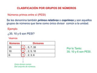 CLASIFICACIÓN POR GRUPOS DE NÚMEROS
Números primos entre sí (PESI)
Se les denomina también primos relativos o coprimos y son aquellos
grupos de números que tiene como único divisor común a la unidad.
Ejemplo
¿35; 10 y 6 son PESI?
Veamos
Números Divisores
35: 1 ; 5; 7; 35
10: 1 ; 2; 5; 10
6: 1 ; 2; 3; 6
Único divisor común
Del conjunto de números.
Por lo Tanto:
35; 10 y 6 son PESI.
 
