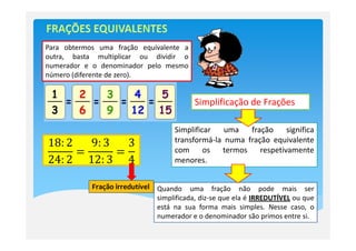 Para obtermos uma fração equivalente a
outra, basta multiplicar ou dividir o
numerador e o denominador pelo mesmo
número (diferente de zero).


                                           Simplificação de Frações

                                     Simplificar   uma   fração     significa
18: 2   9: 3   3                     transformá-la numa fração equivalente
      ൌ      ൌ                       com      os  termos    respetivamente
24: 2 12: 3 4                        menores.


            Fração irredutível Quando uma fração não pode mais ser
                               simplificada, diz-se que ela é IRREDUTÍVEL ou que
                               está na sua forma mais simples. Nesse caso, o
                               numerador e o denominador são primos entre si.
 