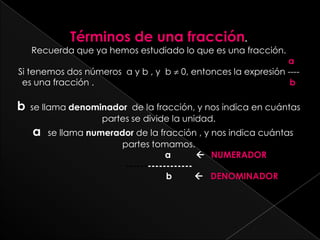 Términos de una fracción.Recuerda que ya hemos estudiado lo que es una fracción.aSi tenemos dos números  a y b , y  b  0, entonces la expresión ----es una fracción . bb se llama denominador  de la fracción, y nos indica en cuántas partes se divide la unidad. ase llama numerador de la fracción , y nos indica cuántas partes tomamos.a            NUMERADOR------------------		                                  b           DENOMINADOR