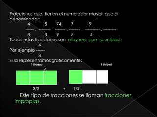 Fracciones que  tienen el numerador mayor  que el denominador:	  4            5        74        7             9	------ ,  -------- ,  ------- , -------- ,  ---------- , ---------	  3            3        9          5              4Todas estas fracciones son  mayores  que  la unidad.                        4Por ejemplo ------                        3Si la representamos gráficamente:1 Unidad			                 1 UnidadEste tipo de fracciones se llaman fracciones  impropias.3/3                      +       1/3
