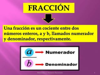 Una fracción es un cociente entre dos
números enteros, a y b, llamados numerador
y denominador, respectivamente.
4Matemáti...
