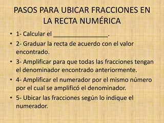 PASOS PARA UBICAR FRACCIONES EN
        LA RECTA NUMÉRICA
• 1- Calcular el ________________.
• 2- Graduar la recta de acuerdo con el valor
  encontrado.
• 3- Amplificar para que todas las fracciones tengan
  el denominador encontrado anteriormente.
• 4- Amplificar el numerador por el mismo número
  por el cual se amplificó el denominador.
• 5- Ubicar las fracciones según lo indique el
  numerador.
 