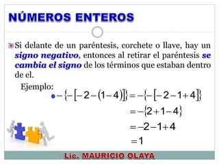 Si delante de un paréntesis, corchete o llave, hay un
signo negativo, entonces al retirar el paréntesis se
cambia el signo de los términos que estaban dentro
de el.
Ejemplo:
 412 
412 
1
      412412 
 
