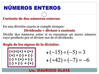 Cociente de dos números enteros:
En una división exacta se cumple siempre:
Dividendo = divisor x cociente
Dividir dos números entre sí es encontrar un tercer número
cuyo producto por el divisor nos de el dividendo.
Regla de los signos de la división:
3)5()15( 
6)7()42( 
(+)÷(+) = (+)
(+) ÷ (-) = (-)
(-) ÷ (+) = (-)
(-) ÷ (-) = (+)
 