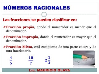 Fracción propia, donde el numerador es menor que el
denominador.
Fracción impropia, donde el numerador es mayor que el
denominador.
Fracción Mixta, está compuesta de una parte entera y de
otra fraccionaria.
Las fracciones se pueden clasificar en:
𝟒
𝟓
𝟏𝟎
𝟕
𝟐
𝟏
𝟑
 