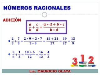 ADICIÓN
𝟐
𝟑
+
𝟕
𝟗
=
𝟐 ∗ 𝟗 + 𝟑 ∗ 𝟕
𝟑 ∗ 𝟗
=
𝟏𝟖 + 𝟐𝟏
𝟐𝟕
=
𝟑𝟗
𝟐𝟕
=
𝟏𝟑
𝟗
𝟓
𝟔
+
𝟏
𝟐
=
𝟏𝟎 + 𝟔
𝟏𝟐
=
𝟏𝟔
𝟏𝟐
=
𝟒
𝟑
𝒂
𝒃
+
𝒄
𝒅
=
𝒂 ∗ 𝒅 + 𝒃 ∗ 𝒄
𝒃 ∗ 𝒅
 