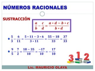 SUSTRACCIÓN
𝟓
𝟑
−
𝟔
𝟏𝟏
=
𝟓 ∗ 𝟏𝟏 − 𝟑 ∗ 𝟔
𝟑 ∗ 𝟏𝟏
=
𝟓𝟓 − 𝟏𝟖
𝟑𝟑
=
𝟑𝟕
𝟑𝟑
𝟗
𝟓
−
𝟕
𝟐
=
𝟏𝟖 − 𝟑𝟓
𝟏𝟎
=
−𝟏𝟕
𝟏𝟎
= −
𝟏𝟕
𝟏𝟎
𝒂
𝒃
−
𝒄
𝒅
=
𝒂 ∗ 𝒅 − 𝒃 ∗ 𝒄
𝒃 ∗ 𝒅
 
