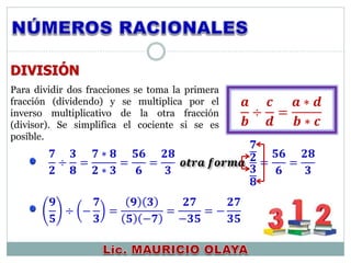 DIVISIÓN
𝟕
𝟐
÷
𝟑
𝟖
=
𝟕 ∗ 𝟖
𝟐 ∗ 𝟑
=
𝟓𝟔
𝟔
=
𝟐𝟖
𝟑
𝒐𝒕𝒓𝒂 𝒇𝒐𝒓𝒎𝒂
𝟕
𝟐
𝟑
𝟖
=
𝟓𝟔
𝟔
=
𝟐𝟖
𝟑
𝟗
𝟓
÷ −
𝟕
𝟑
=
𝟗 𝟑
𝟓 −𝟕
=
𝟐𝟕
−𝟑𝟓
= −
𝟐𝟕
𝟑𝟓
𝒂
𝒃
÷
𝒄
𝒅
=
𝒂 ∗ 𝒅
𝒃 ∗ 𝒄
Para dividir dos fracciones se toma la primera
fracción (dividendo) y se multiplica por el
inverso multiplicativo de la otra fracción
(divisor). Se simplifica el cociente si se es
posible.
 