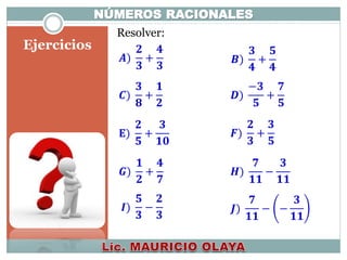 NÚMEROS RACIONALES
Ejercicios
Resolver:
𝑨)
𝟐
𝟑
+
𝟒
𝟑
𝑩)
𝟑
𝟒
+
𝟓
𝟒
𝑪)
𝟑
𝟖
+
𝟏
𝟐
𝑫)
−𝟑
𝟓
+
𝟕
𝟓
𝐄)
𝟐
𝟓
+
𝟑
𝟏𝟎
𝑭)
𝟐
𝟑
+
𝟑
𝟓
𝑮)
𝟏
𝟐
+
𝟒
𝟕
𝑯)
𝟕
𝟏𝟏
−
𝟑
𝟏𝟏
𝑰)
𝟓
𝟑
−
𝟐
𝟑
𝑱)
𝟕
𝟏𝟏
− −
𝟑
𝟏𝟏
 