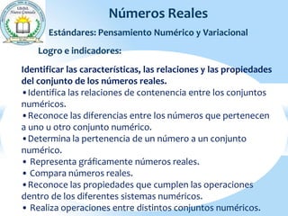 Números Reales
Estándares: Pensamiento Numérico y Variacional
Logro e indicadores:
Identificar las características, las relaciones y las propiedades
del conjunto de los números reales.
•Identifica las relaciones de contenencia entre los conjuntos
numéricos.
•Reconoce las diferencias entre los números que pertenecen
a uno u otro conjunto numérico.
•Determina la pertenencia de un número a un conjunto
numérico.
• Representa gráficamente números reales.
• Compara números reales.
•Reconoce las propiedades que cumplen las operaciones
dentro de los diferentes sistemas numéricos.
• Realiza operaciones entre distintos conjuntos numéricos.
 