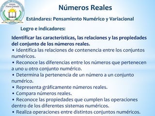 Números Reales 
Estándares: Pensamiento Numérico y Variacional 
Logro e indicadores: 
Identificar las características, las relaciones y las propiedades 
del conjunto de los números reales. 
• Identifica las relaciones de contenencia entre los conjuntos 
numéricos. 
• Reconoce las diferencias entre los números que pertenecen 
a uno u otro conjunto numérico. 
• Determina la pertenencia de un número a un conjunto 
numérico. 
• Representa gráficamente números reales. 
• Compara números reales. 
• Reconoce las propiedades que cumplen las operaciones 
dentro de los diferentes sistemas numéricos. 
• Realiza operaciones entre distintos conjuntos numéricos. 
 