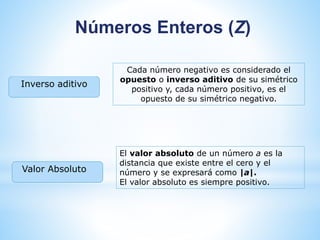 Números Enteros (Z) 
Cada número negativo es considerado el 
opuesto o inverso aditivo de su simétrico 
positivo y, cada número positivo, es el 
opuesto de su simétrico negativo. 
El valor absoluto de un número a es la 
distancia que existe entre el cero y el 
número y se expresará como |a|. 
El valor absoluto es siempre positivo. 
Inverso aditivo 
Valor Absoluto 
 