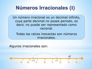 Números Irracionales (I) 
Un número irracional es un decimal infinito, 
cuya parte decimal no posee periodo, es 
decir, no puede ser representado como 
racional. 
Todas las raíces inexactas son números 
irracionales. 
Algunos irracionales son: 
 2 2 
 
… 4 
-3 -2 - 1 0 1 2 3 … 
 
